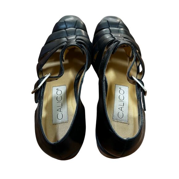 Calico low heel black leather sandals adjustable buckle classic casual 6M 1980's - Picture 4 of 8